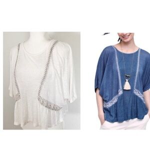 Anthropologie Akemi + Kin Linen Dolman Top with Embroidered Detail XS CreamTan